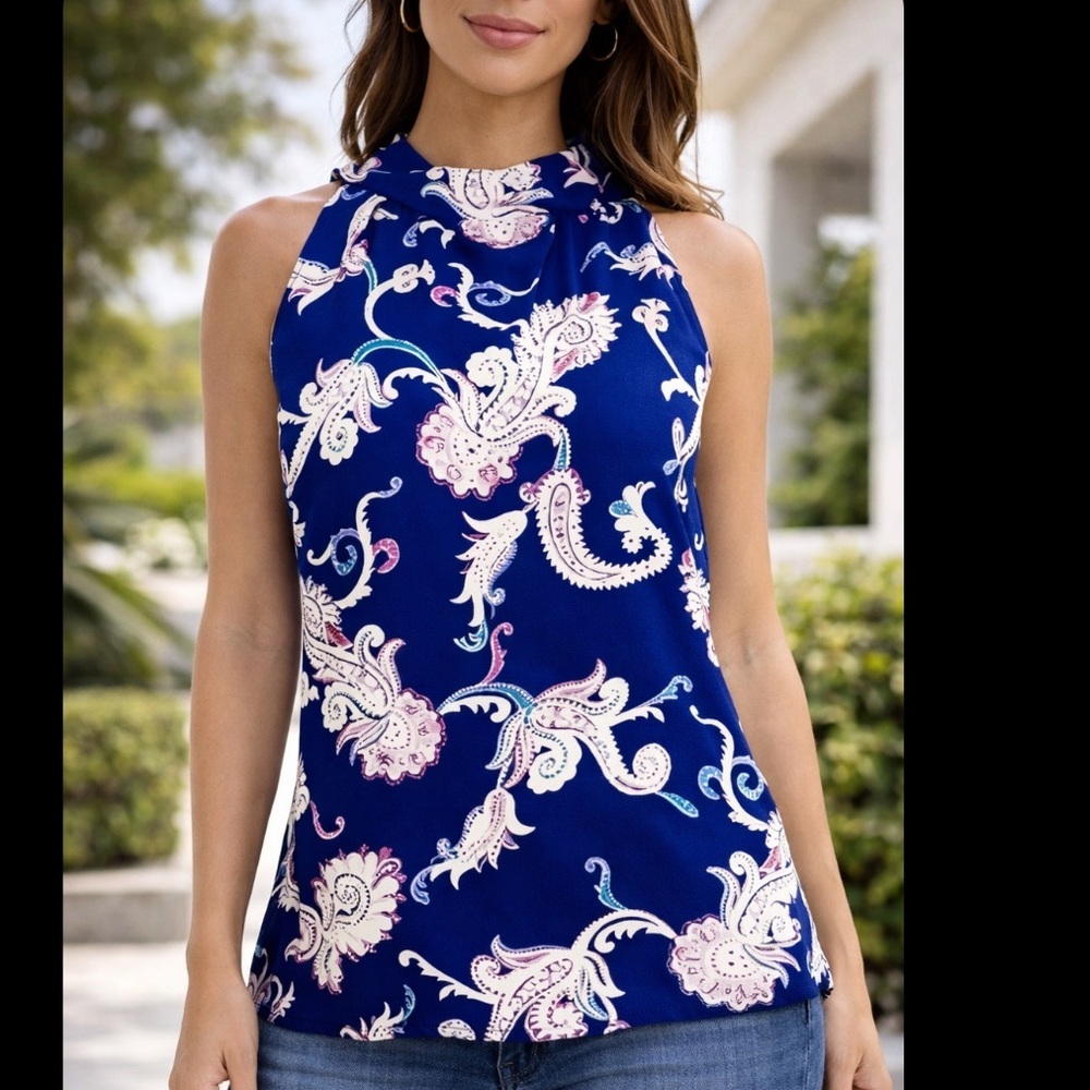 Laundry Shelly Segal Navy Paisley Loose Neck Sleeveless Top Blouse Size S